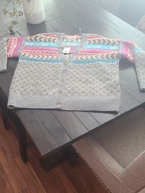 LUCKY BRAND Womens Gray Multicolor Patterned Button-Front Sweater Cardigan SZ L